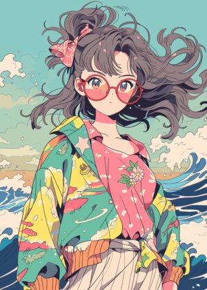 Windswept Anime Girl: A Whimsical Beach Scene - Premium Wooden Framed Poster. Ready to Hang.