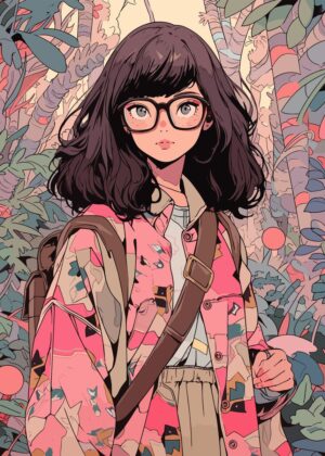 Kawaii Anime Girl with Glasses in a Tropical Garden - Premium Wooden Framed Poster. Ready to Hang.