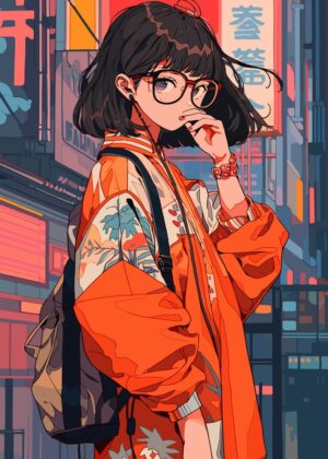 Stylish Anime Girl in Vibrant Cityscape - Premium Wooden Framed Poster. Ready to Hang.