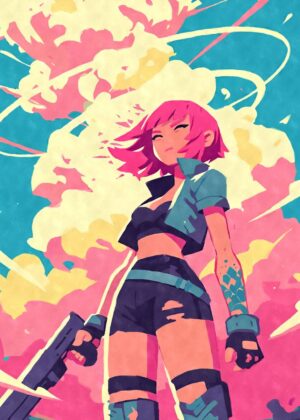 Cyberpunk Anime Girl: Digital Art Print - Premium Wooden Framed Poster. Ready to Hang.