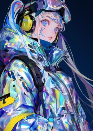 Anime Girl: Futuristic Cyberpunk Style - Premium Wooden Framed Poster. Ready to Hang.