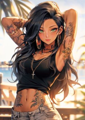 Sun-Kissed Anime Beauty: Vibrant Summer Artwork - Premium Wooden Framed Poster. Ready to Hang.