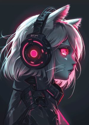 Cyberpunk Anime Cat Girl with Headphones: Digital Art Print - Premium Wooden Framed Poster. Ready to Hang.