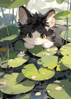 Adorable Anime Cat by the Lake - Premium Wooden Framed Poster. Ready to Hang.