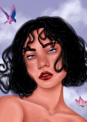 Nehiba: Dreamy Portrait of a Woman with Birds and Butterflies - Premium Wooden Framed Poster. Ready to Hang.