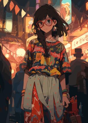 Night Market Anime Girl Art Print - Premium Wooden Framed Poster. Ready to Hang.