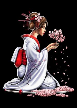 Elegant Geisha with Cherry Blossoms - Premium Wooden Framed Poster. Ready to Hang.