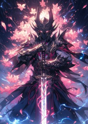 Dark Samurai in Cherry Blossom Bloom: Anime Art Print - Premium Wooden Framed Poster. Ready to Hang.