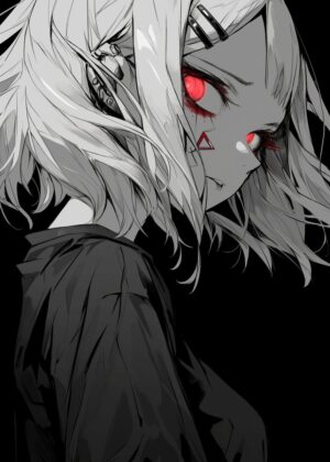 Red Eye Glow: Anime Girl Art Print - Premium Wooden Framed Poster. Ready to Hang.