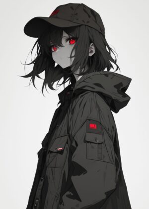 Red Eye Glow: Anime Girl Art Print - Premium Wooden Framed Poster. Ready to Hang.