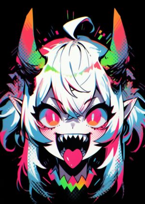 Neon Demon Girl: Anime Art Print - Premium Wooden Framed Poster. Ready to Hang.