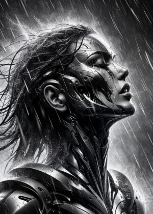 Cyberpunk Rain: Digital Art Print - Premium Wooden Framed Poster. Ready to Hang.