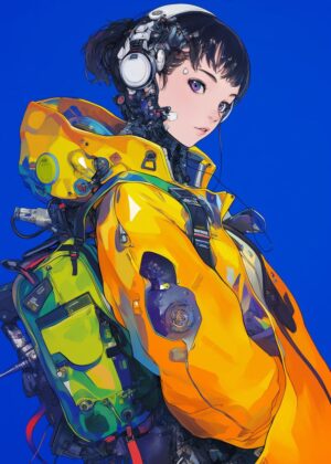 Cyberpunk Anime Girl Artwork: Vibrant Future - Premium Wooden Framed Poster. Ready to Hang.