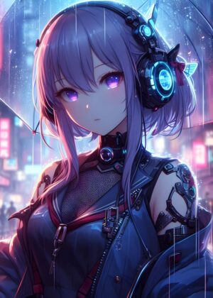 Cyberpunk Rainy Night Girl - Premium Wooden Framed Poster. Ready to Hang.