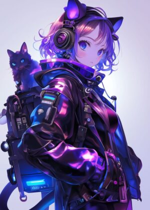 Cyberpunk Anime Girl with Cat - Premium Wooden Framed Poster. Ready to Hang.