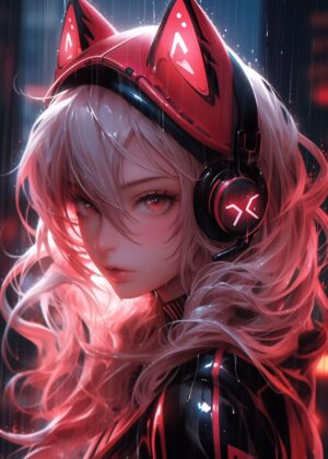 Cyberpunk Cat Girl Music Artwork - Premium Wooden Framed Poster. Ready to Hang.