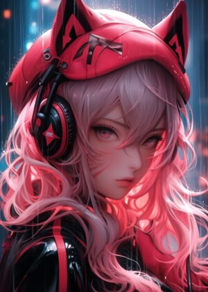 Cyberpunk Cat Girl in the Rain: Digital Art Print - Premium Wooden Framed Poster. Ready to Hang.