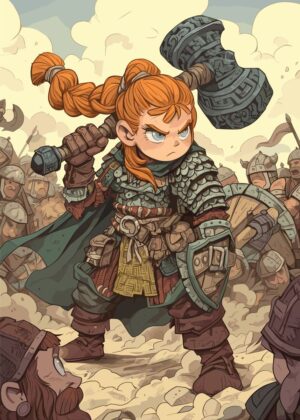Brave Cartoon Warrior Girl Artwork Print - Premium Wooden Framed Poster. Ready to Hang.