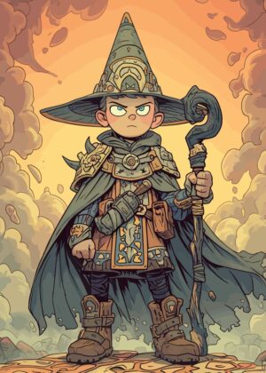 Cartoon Mage Boy: Fantasy Art Print - Premium Wooden Framed Poster. Ready to Hang.