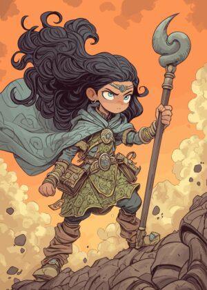 Cartoon Mage Girl: Fantasy Art Print - Premium Wooden Framed Poster. Ready to Hang.