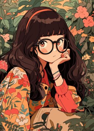Anime Girl in Garden: Whimsical Illustration - Premium Wooden Framed Poster. Ready to Hang.