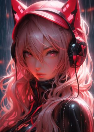 Rainy Night Neko Girl: Digital Art Print - Premium Wooden Framed Poster. Ready to Hang.