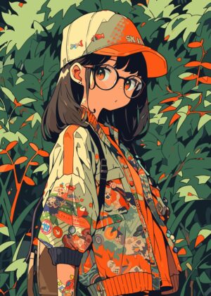 Anime Girl in Lush Jungle - Premium Wooden Framed Poster. Ready to Hang.