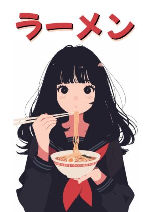 Anime Girl Enjoying Ramen - Katakana Design - Premium Wooden Framed Poster. Ready to Hang.