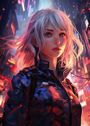 Cyberpunk City Girl: Futuristic Digital Art Print - Premium Wooden Framed Poster. Ready to Hang.