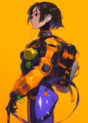 Serene Anime Girl in Vibrant Orange and Purple - Premium Wooden Framed Poster. Ready to Hang.