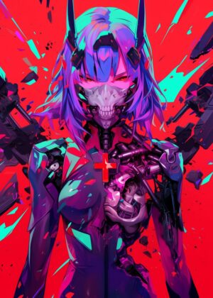 Cyberpunk Anime Girl: Damaged but Determined - Premium Wooden Framed Poster. Ready to Hang.