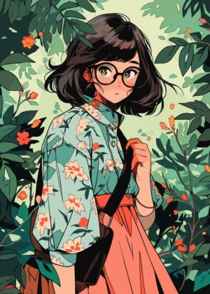 Anime Girl in Lush Jungle Setting - Premium Wooden Framed Poster. Ready to Hang.