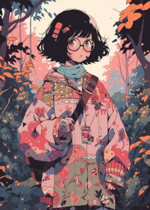 Autumn Stroll: Anime Girl in Floral Jacket - Premium Wooden Framed Poster. Ready to Hang.