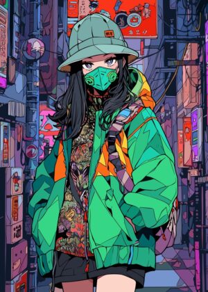 Kawaii Anime Girl in Vibrant Neon Cityscape - Premium Wooden Framed Poster. Ready to Hang.