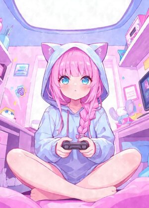 Kawaii Anime Gamer Girl Art Print - Premium Wooden Framed Poster. Ready to Hang.