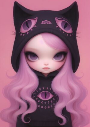 Cute Cat Hoodie Girl Art Print - Premium Wooden Framed Poster. Ready to Hang.
