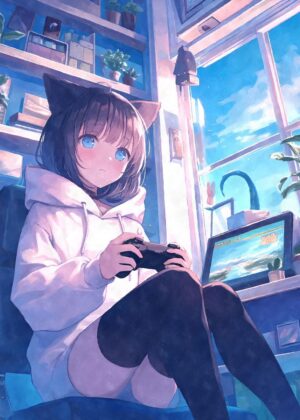Kawaii Gamer Cat Girl Art Print - Premium Wooden Framed Poster. Ready to Hang.