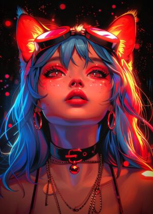 Cyberpunk Anime Girl: Vivid Digital Art Print - Premium Wooden Framed Poster. Ready to Hang.