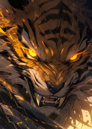 Fiery Anime Tiger with Glowing Eyes - Premium Wooden Framed Poster. Ready to Hang.