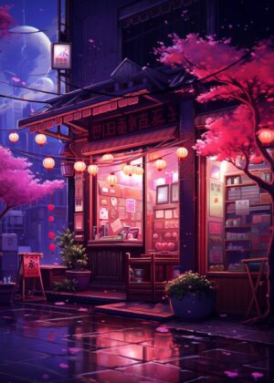Rainy Night in Japan: Pixel Art Print - Premium Wooden Framed Poster. Ready to Hang.