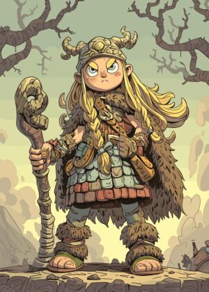 Brave Cartoon Druid Girl Illustration - Premium Wooden Framed Poster. Ready to Hang.