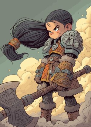 Cartoon Warrior Girl: A Powerful and Fierce Artwork - Premium Wooden Framed Poster. Ready to Hang.
