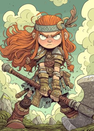 Fierce Cartoon Warrior Girl: Digital Art Print - Premium Wooden Framed Poster. Ready to Hang.