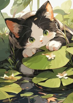 Adorable Anime Cat by the Lake - Premium Wooden Framed Poster. Ready to Hang.