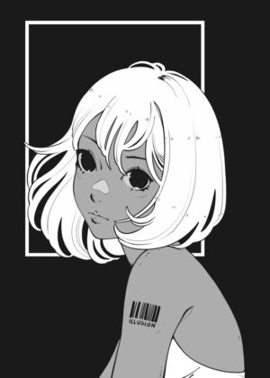 Monochrome Anime Girl with Barcode Tattoo - Premium Wooden Framed Poster. Ready to Hang.