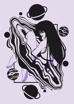 Cosmic Embrace: A Dreamy Space Art Print - Premium Wooden Framed Poster. Ready to Hang.