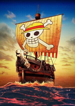 Going Merry: A Pirate Ship at Sunset - Premium Wooden Framed Poster. Ready to Hang.
