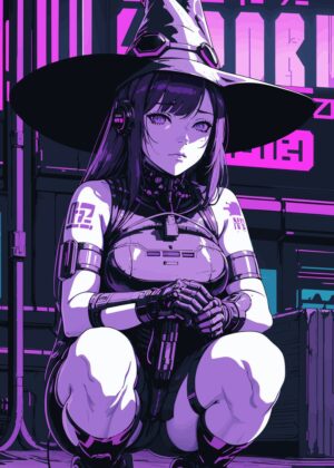 Cyberpunk Witch Girl: Purple Anime Art Print - Premium Wooden Framed Poster. Ready to Hang.
