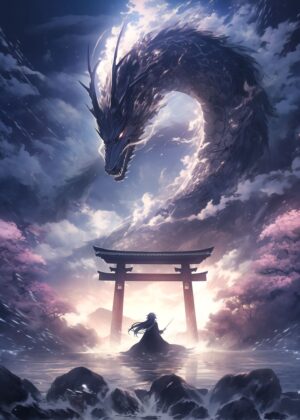 Torii Gate, Samurai, and Dragon: A Mystical Japanese Art Print - Premium Wooden Framed Poster. Ready to Hang.
