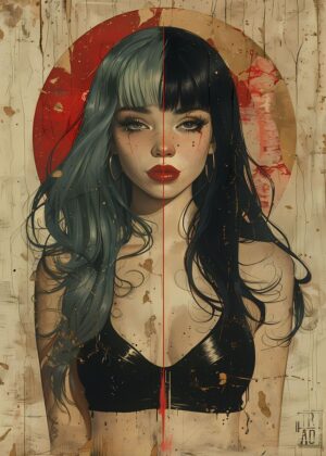 Vintage Goth Girl Art Print: Dark Beauty and Mysterious Charm - Premium Wooden Framed Poster. Ready to Hang.